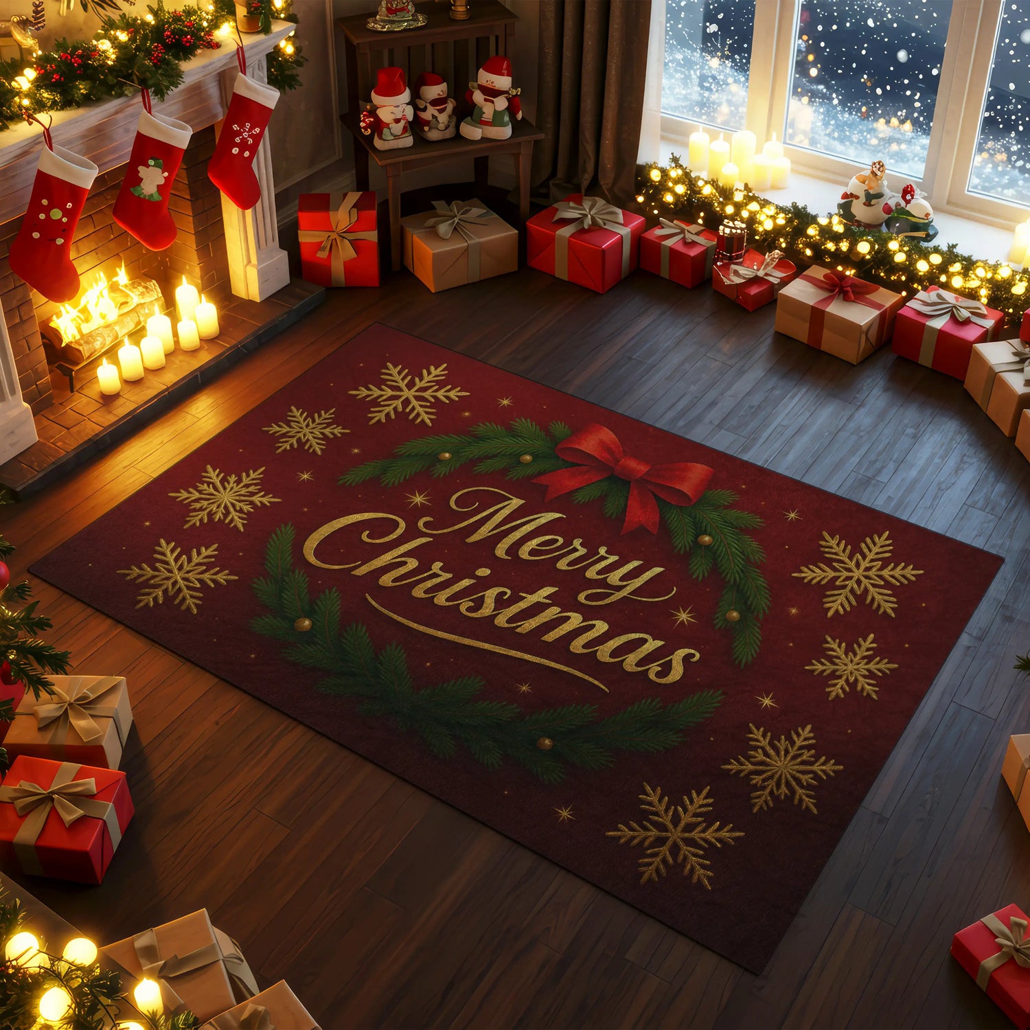 Christmas Stockings Rug – Cozy Red Holiday Carpet with Gifts & Candy Canes