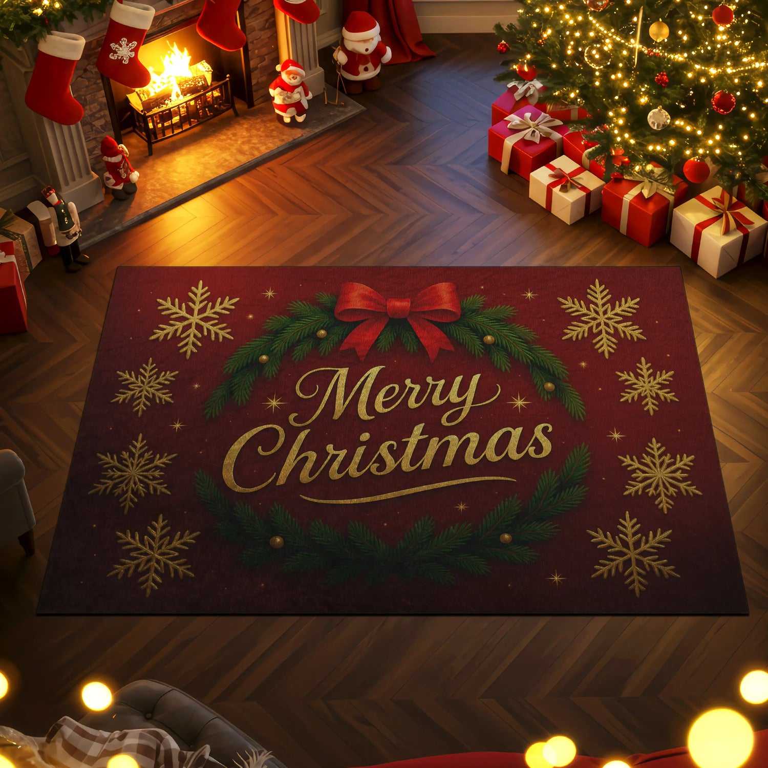 Christmas Stockings Rug – Cozy Red Holiday Carpet with Gifts & Candy Canes