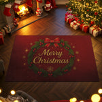 Decorative Christmas rug with 'Merry Christmas' text in a festive room with a fireplace and tree.