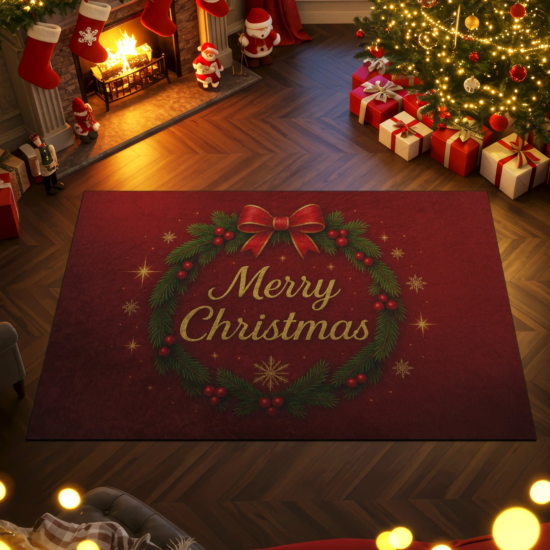 Decorative Christmas rug with 'Merry Christmas' text in a festive room with a fireplace and tree.