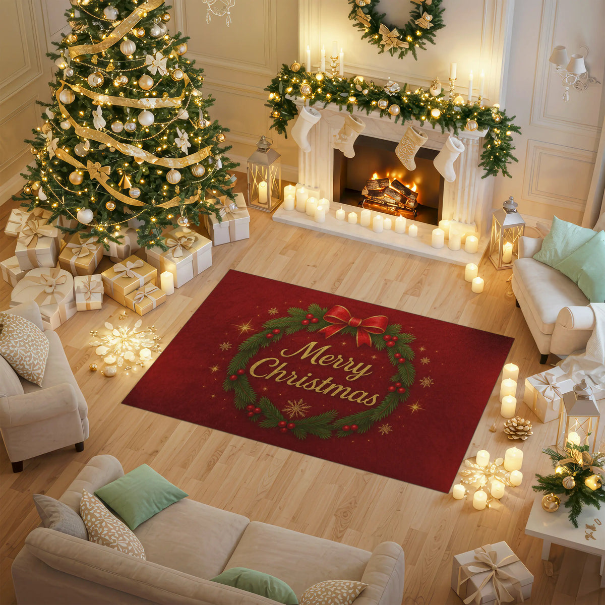 Decorated Christmas living room with tree, fireplace, and 'Merry Christmas' rug.