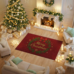 Decorated Christmas living room with tree, fireplace, and 'Merry Christmas' rug.