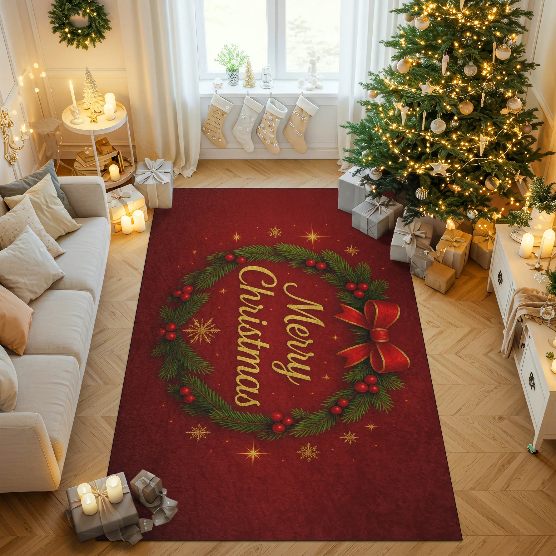 Living room with a red 'Merry Christmas' rug, decorated tree, and gift boxes.