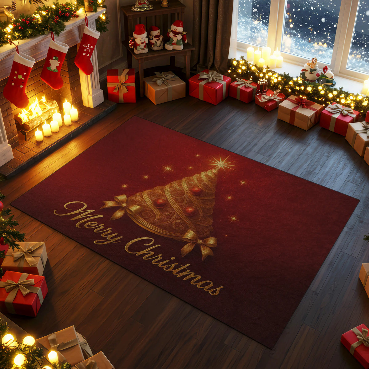 Decorative Christmas rug with a tree design and 'Merry Christmas' text, surrounded by festive decorations.