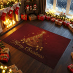 Decorative Christmas rug with a tree design and 'Merry Christmas' text, surrounded by festive decorations.