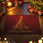 Decorative Christmas rug with a tree design and 'Merry Christmas' text, placed in a festive room with a Christmas tree and stockings.