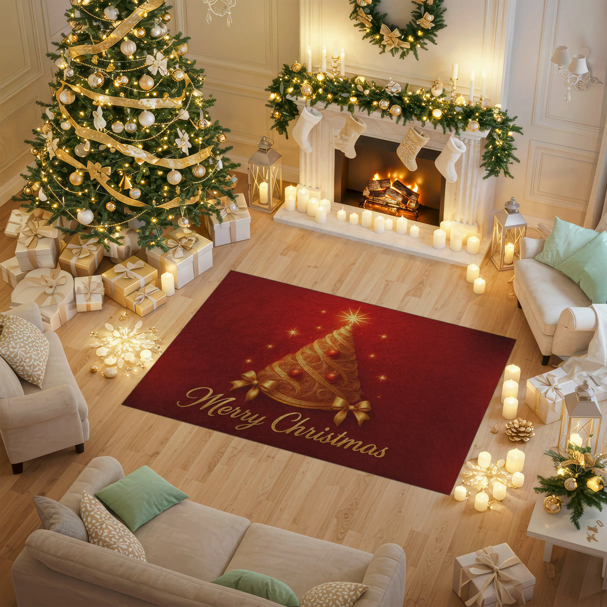 Decorative Christmas rug with a Christmas tree design and 'Merry Christmas' text in a festively decorated living room.