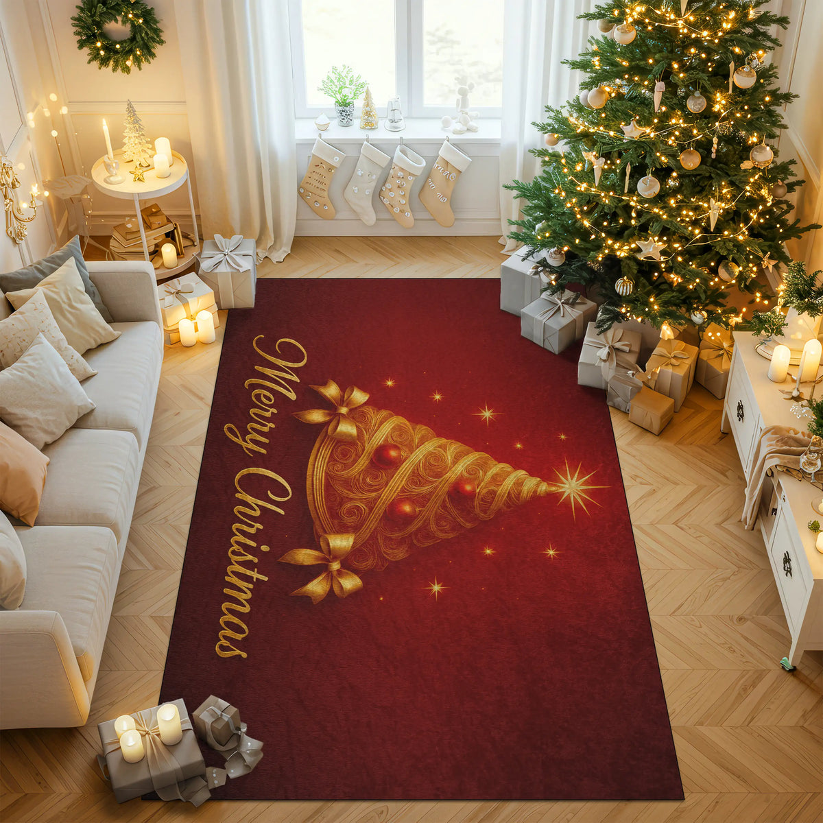 Decorative Christmas rug with a gold tree design and 'Merry Christmas' text in a living room.
