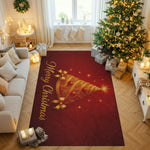 Decorative Christmas rug with a gold tree design and 'Merry Christmas' text in a living room.