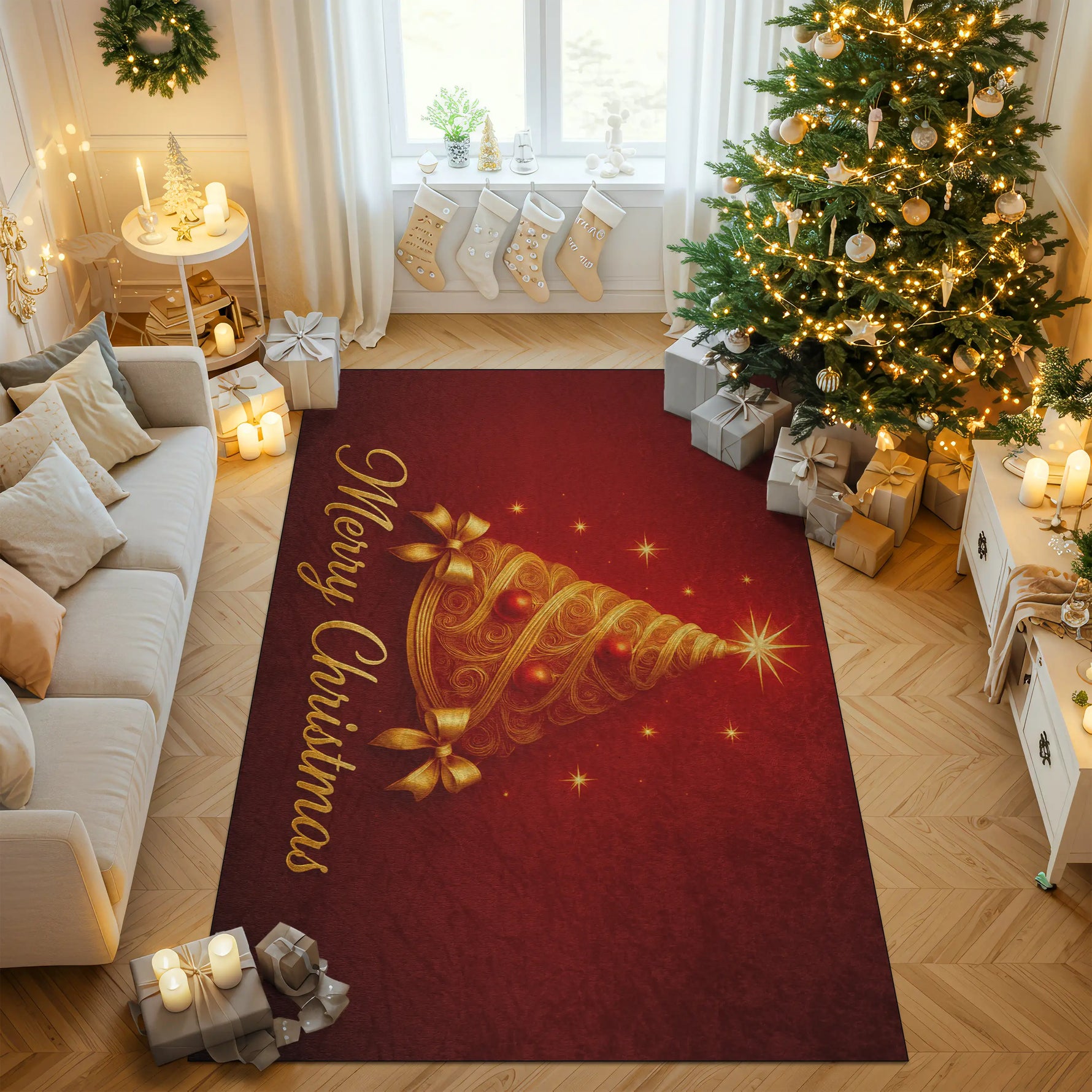 Decorative Christmas rug with a gold tree design and 'Merry Christmas' text in a living room.