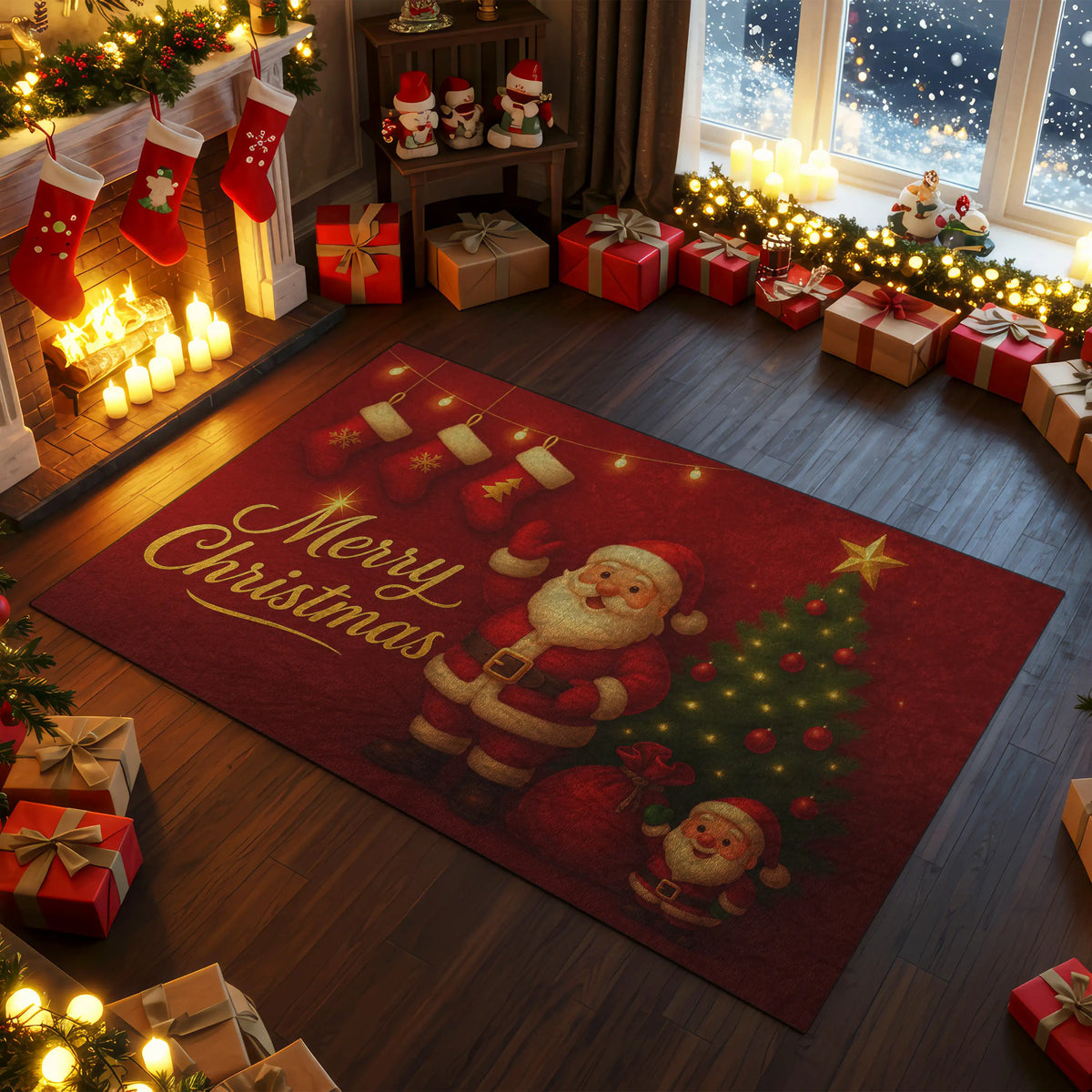 Decorative Christmas rug with Santa Claus design in a festive room.