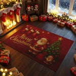 Decorative Christmas rug with Santa Claus design in a festive room.