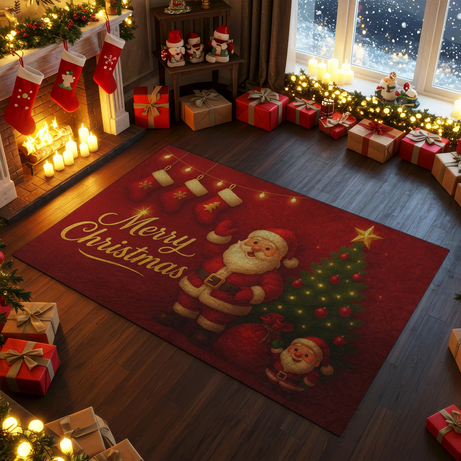 Decorative Christmas rug with Santa Claus design in a festive room.
