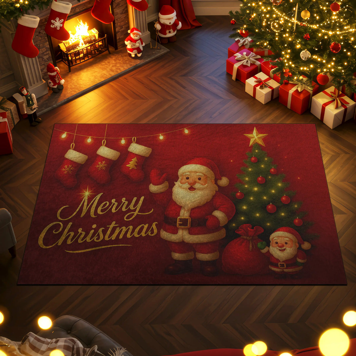 Christmas-themed rug with Santa Claus and stockings in a festive room.