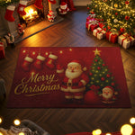Christmas-themed rug with Santa Claus and stockings in a festive room.