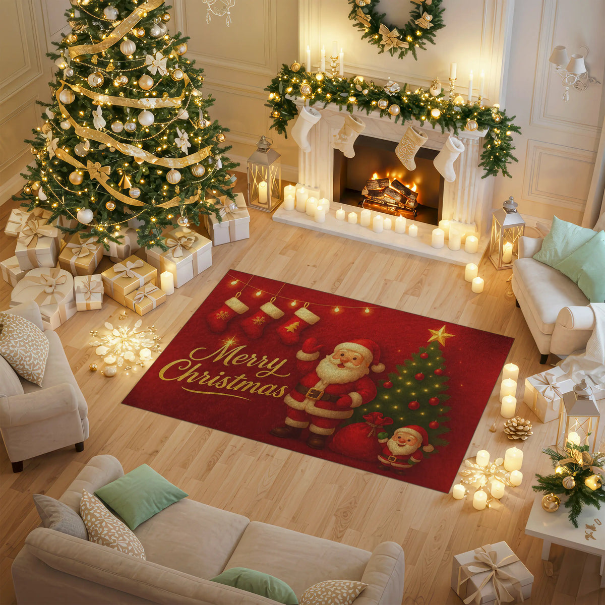 Decorated living room with Christmas tree, fireplace, and 'Merry Christmas' rug.