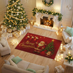 Decorated living room with Christmas tree, fireplace, and 'Merry Christmas' rug.