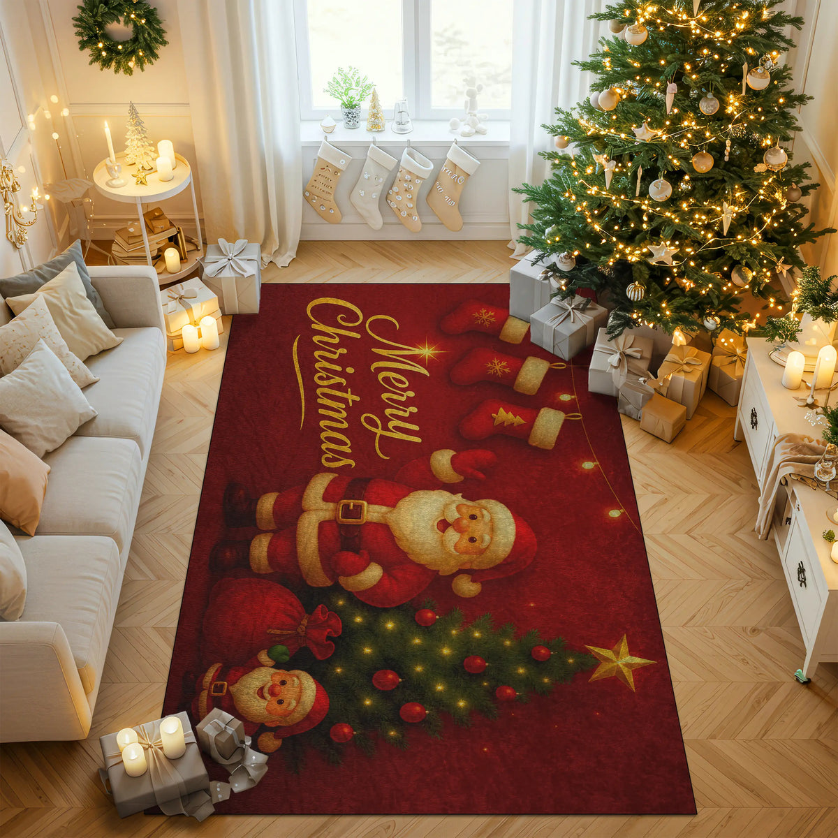 Living room with a Christmas-themed rug featuring Santa Claus and a tree, surrounded by decorated Christmas tree and presents.