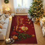 Living room with a Christmas-themed rug featuring Santa Claus and a tree, surrounded by decorated Christmas tree and presents.