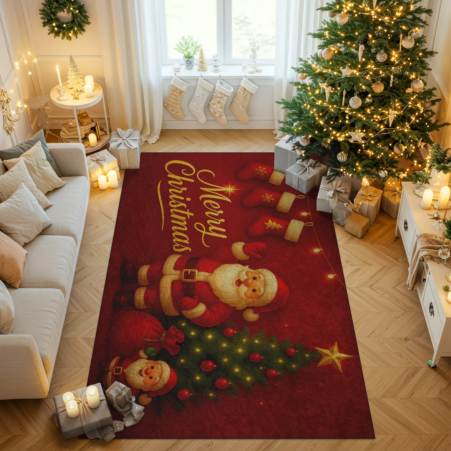 Living room with a Christmas-themed rug featuring Santa Claus and a tree, surrounded by decorated Christmas tree and presents.