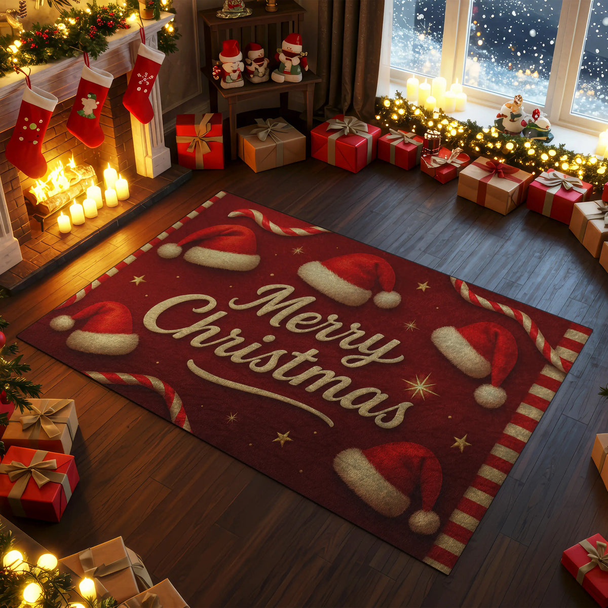 Christmas-themed room with a 'Merry Christmas' rug, stockings, and presents.