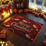 Christmas-themed room with a 'Merry Christmas' rug, stockings, and presents.