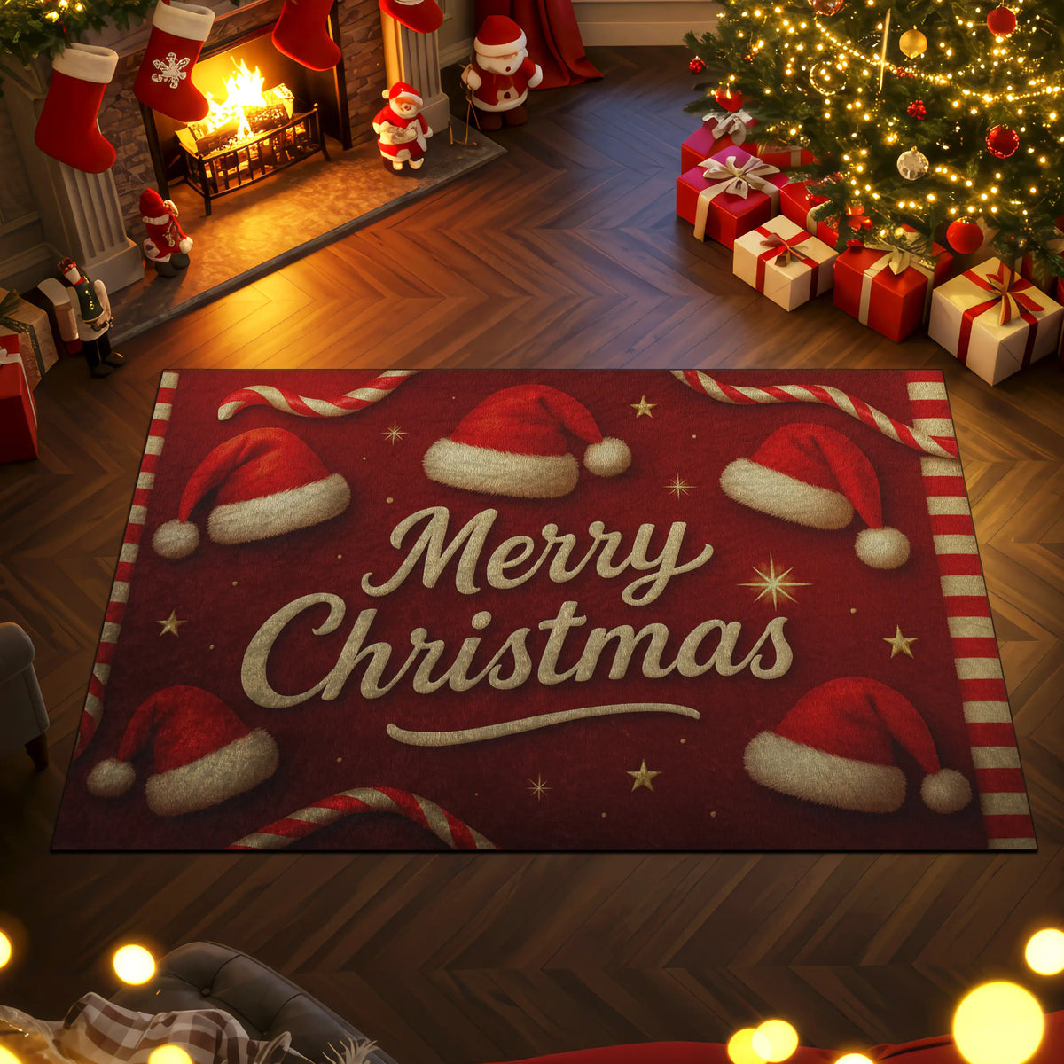 Christmas-themed room with a 'Merry Christmas' rug, tree, and stockings.