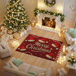Decorated Christmas living room with a 'Merry Christmas' rug, tree, and fireplace.