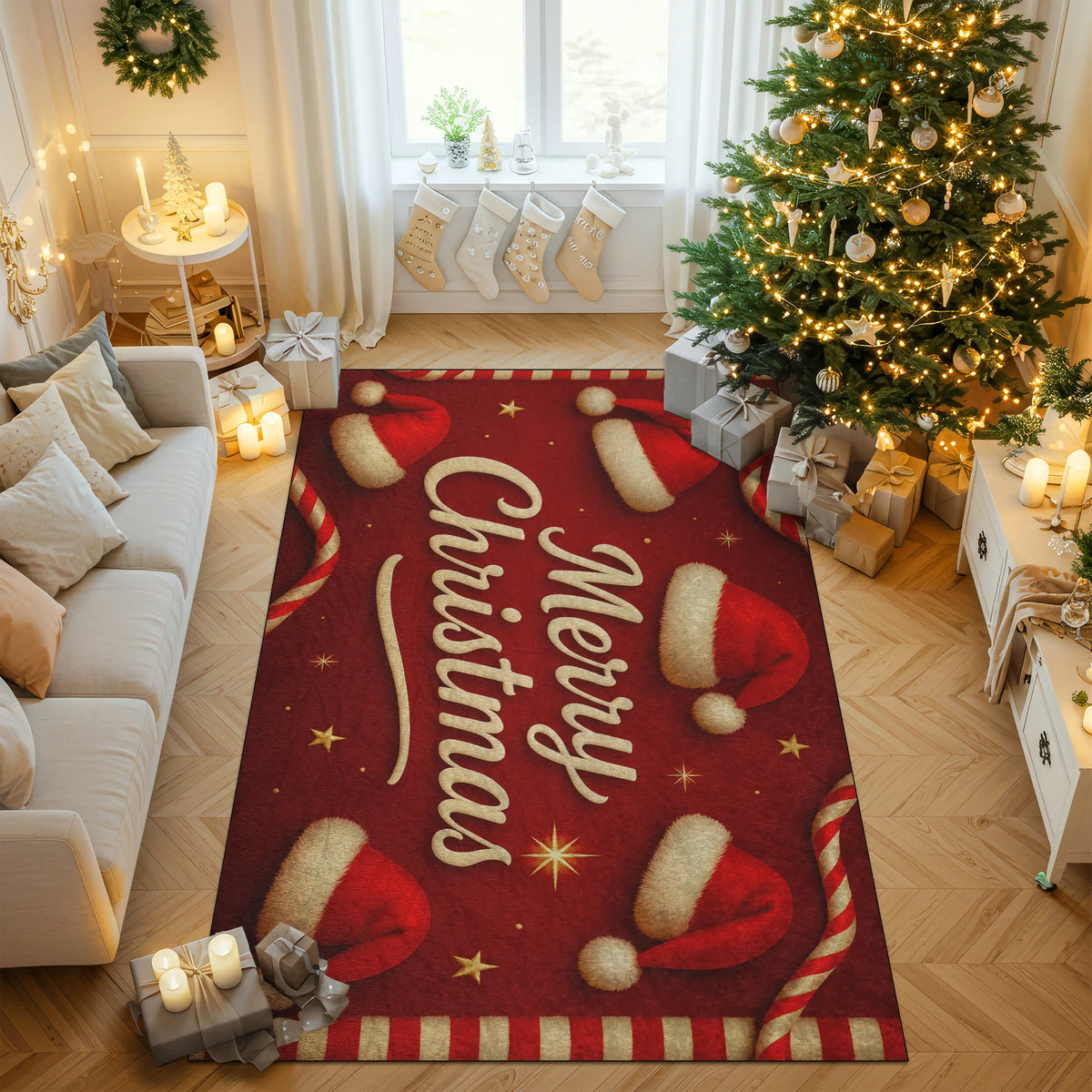 Living room with a 'Merry Christmas' rug, decorated tree, and presents.