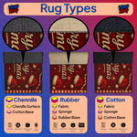 Illustration of rug types with Chenille, Rubber, and Cotton materials on a colorful background.