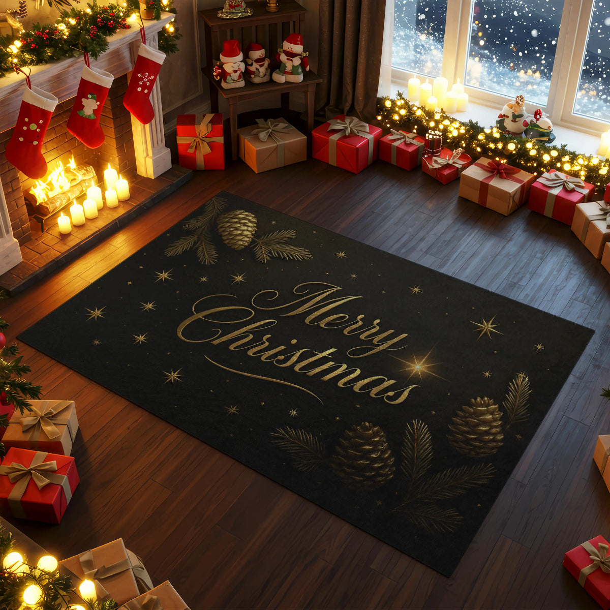 Decorative Christmas rug with 'Merry Christmas' text and pinecones in a festive room with stockings and presents.