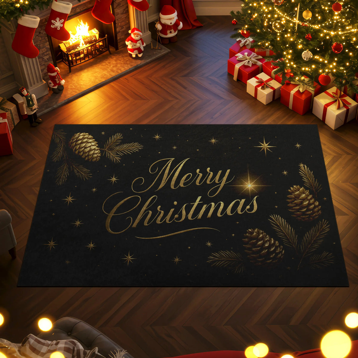 Christmas-themed room with a 'Merry Christmas' rug, tree, and stockings.