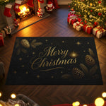 Christmas-themed room with a 'Merry Christmas' rug, tree, and stockings.