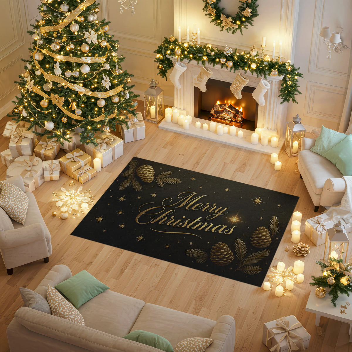Decorated living room with Christmas tree, fireplace, and 'Merry Christmas' rug.