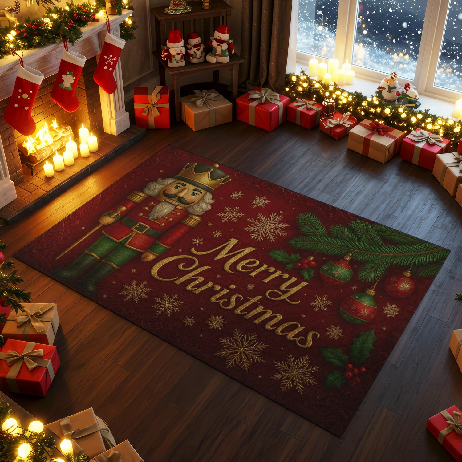 Nutcracker Christmas Rug – Red Holiday Carpet with Golden Snowflakes & Ornaments
