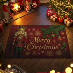 Christmas-themed rug with nutcracker design and 'Merry Christmas' text, surrounded by festive decorations.