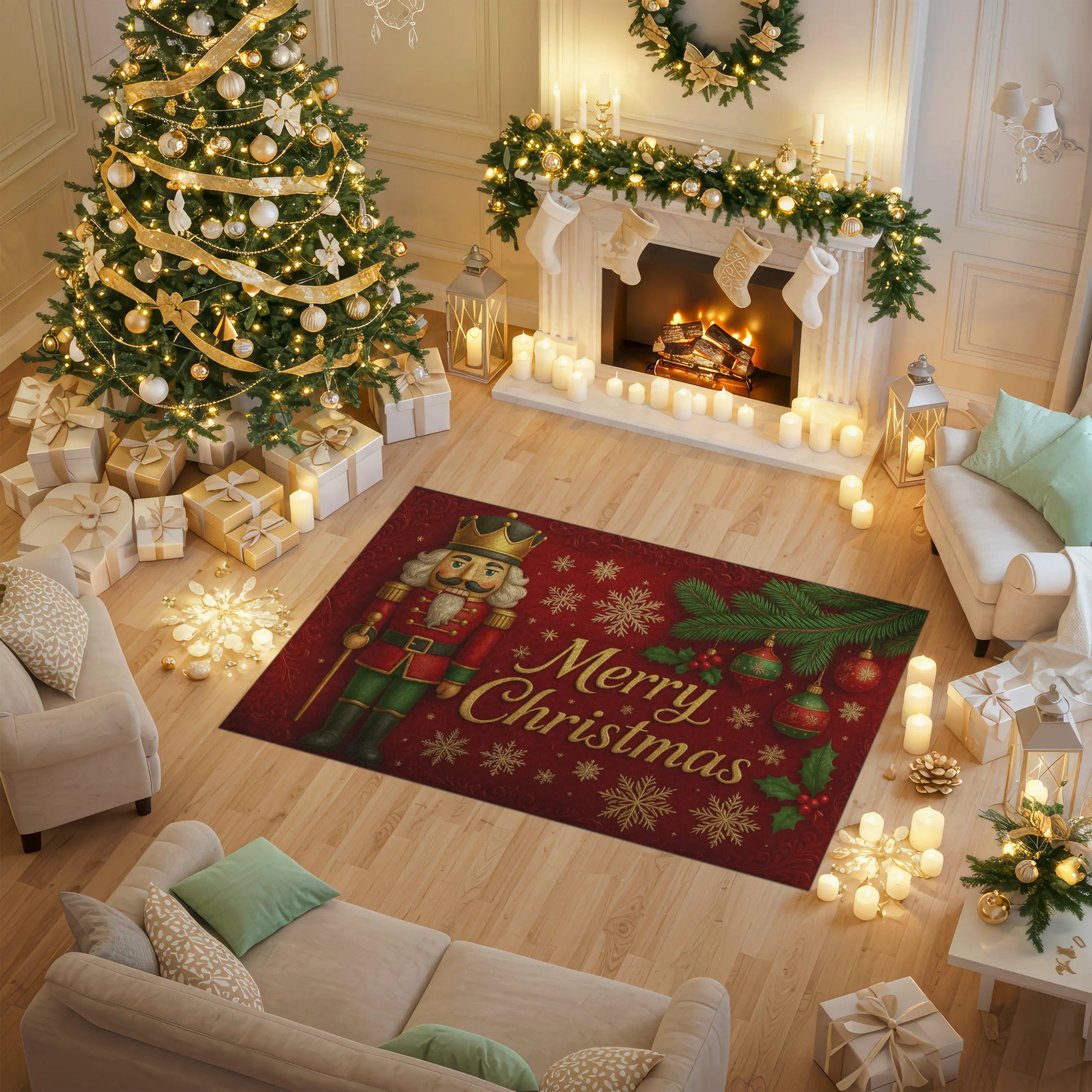 Decorative Christmas rug with a nutcracker design in a festive living room.