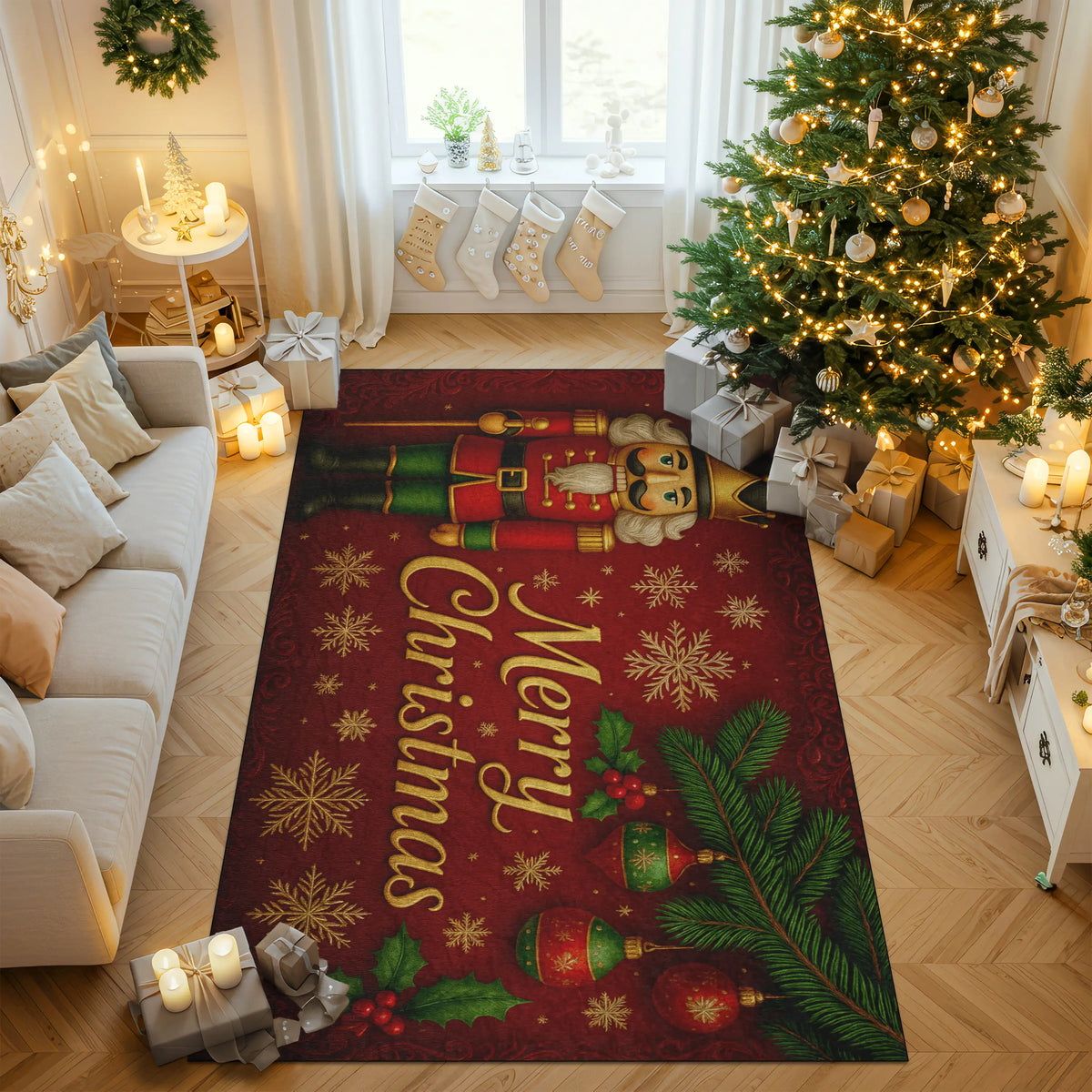 Decorative Christmas rug with festive design in a living room setting.