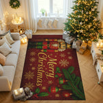 Decorative Christmas rug with festive design in a living room setting.