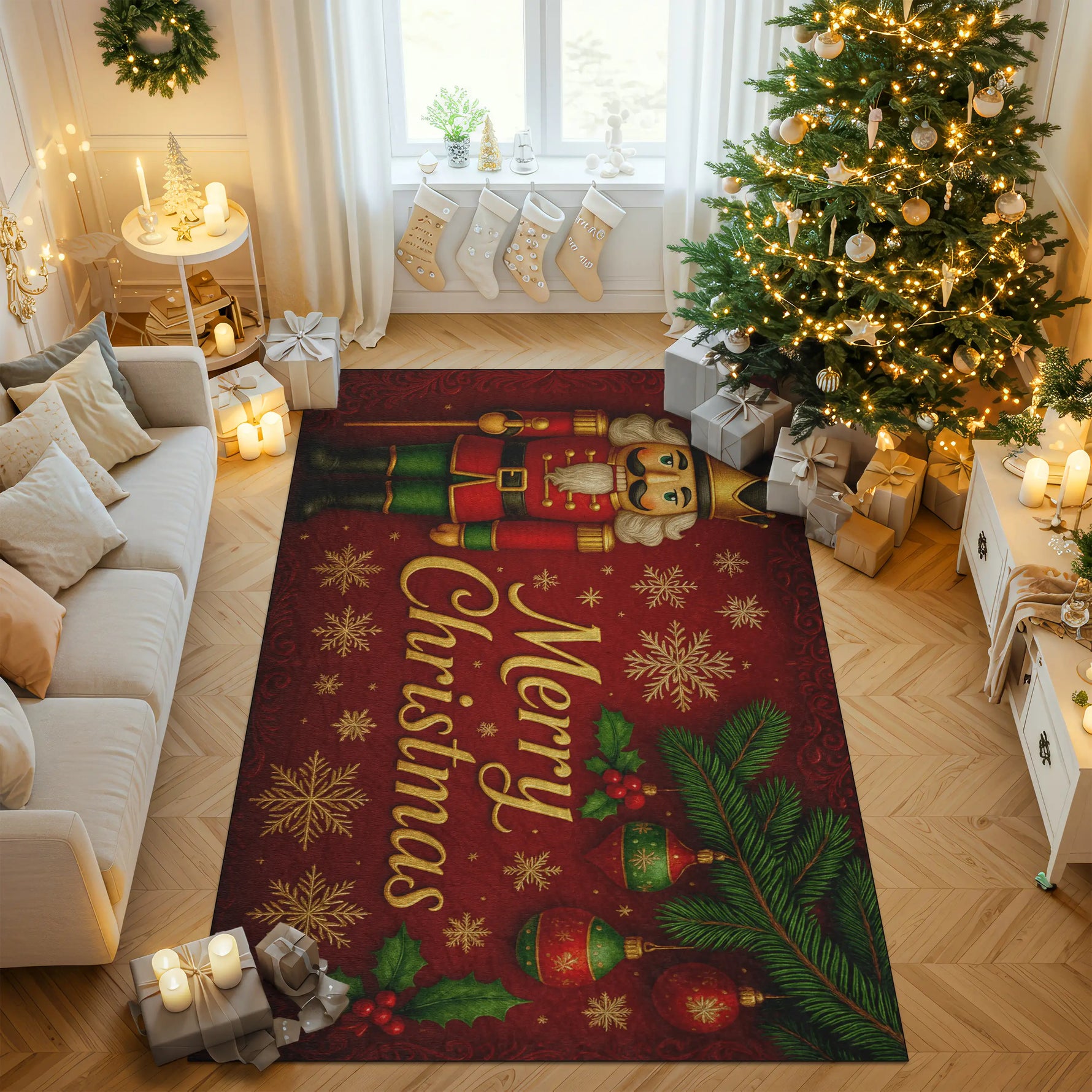 Decorative Christmas rug with festive design in a living room setting.