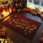 Decorated Christmas living room with a 'Merry Christmas' rug, stockings, and presents.
