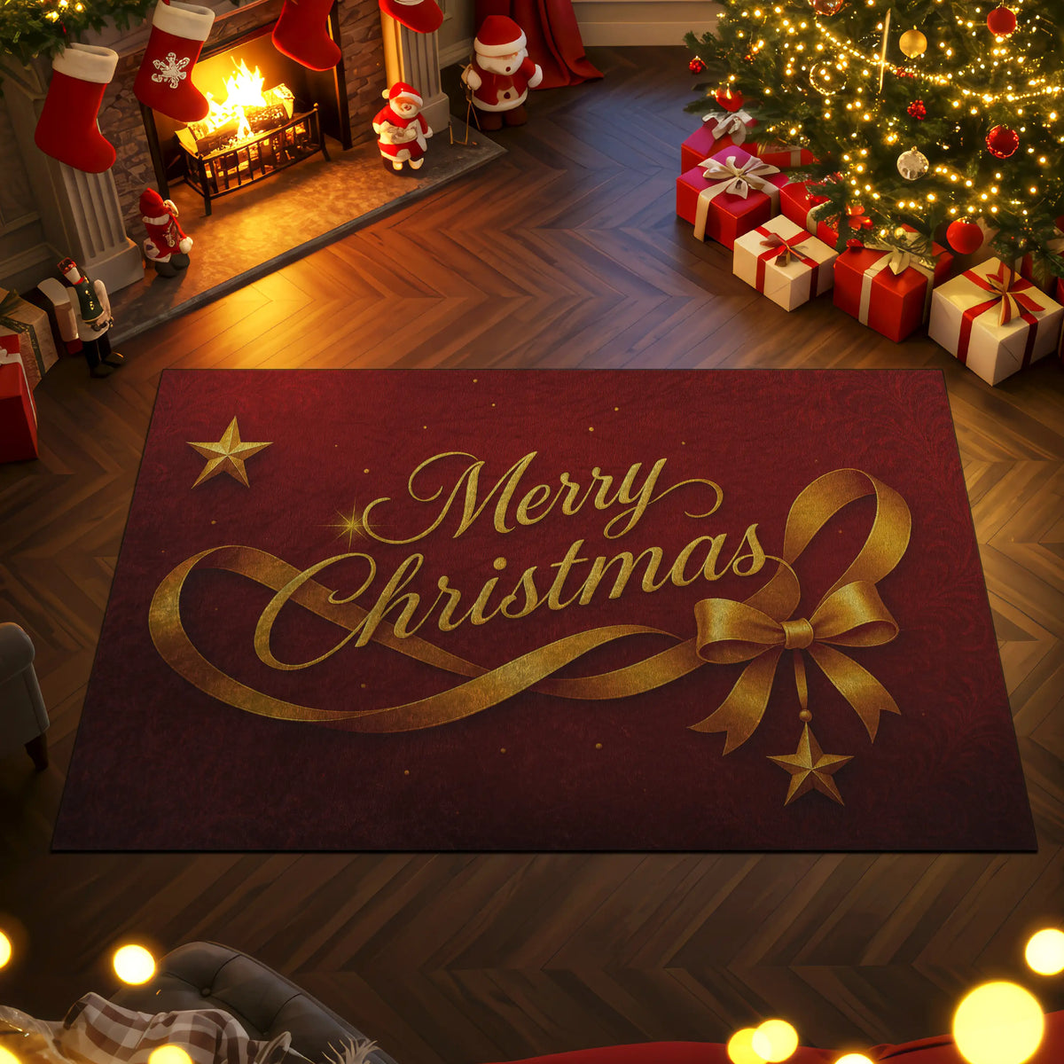 Decorative Christmas rug with 'Merry Christmas' text and gold bow in a festive room.