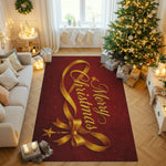 Decorative Christmas rug with 'Merry Christmas' text and gold ribbon in a living room setting.