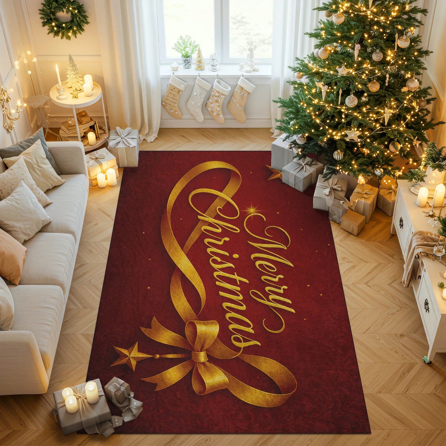 Decorative Christmas rug with 'Merry Christmas' text and gold ribbon in a living room setting.