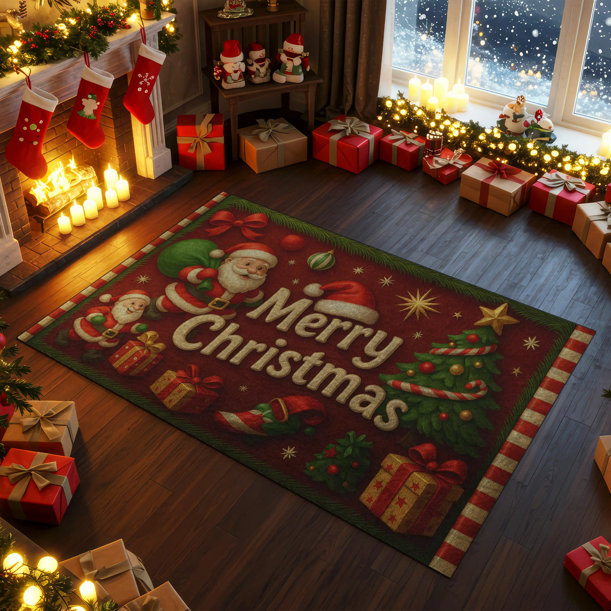 Decorative Christmas rug with Santa Claus design in a festive room with presents and lights.