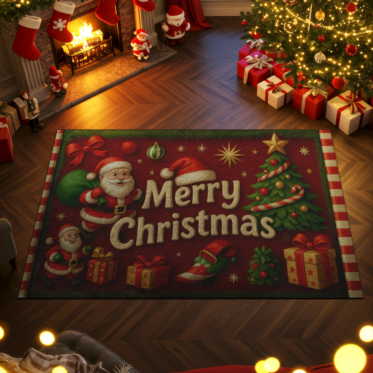 Decorative Christmas rug with Santa Claus design in a festive room with tree, presents, and stockings.