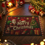 Decorative Christmas rug with Santa Claus design in a festive room with tree, presents, and stockings.