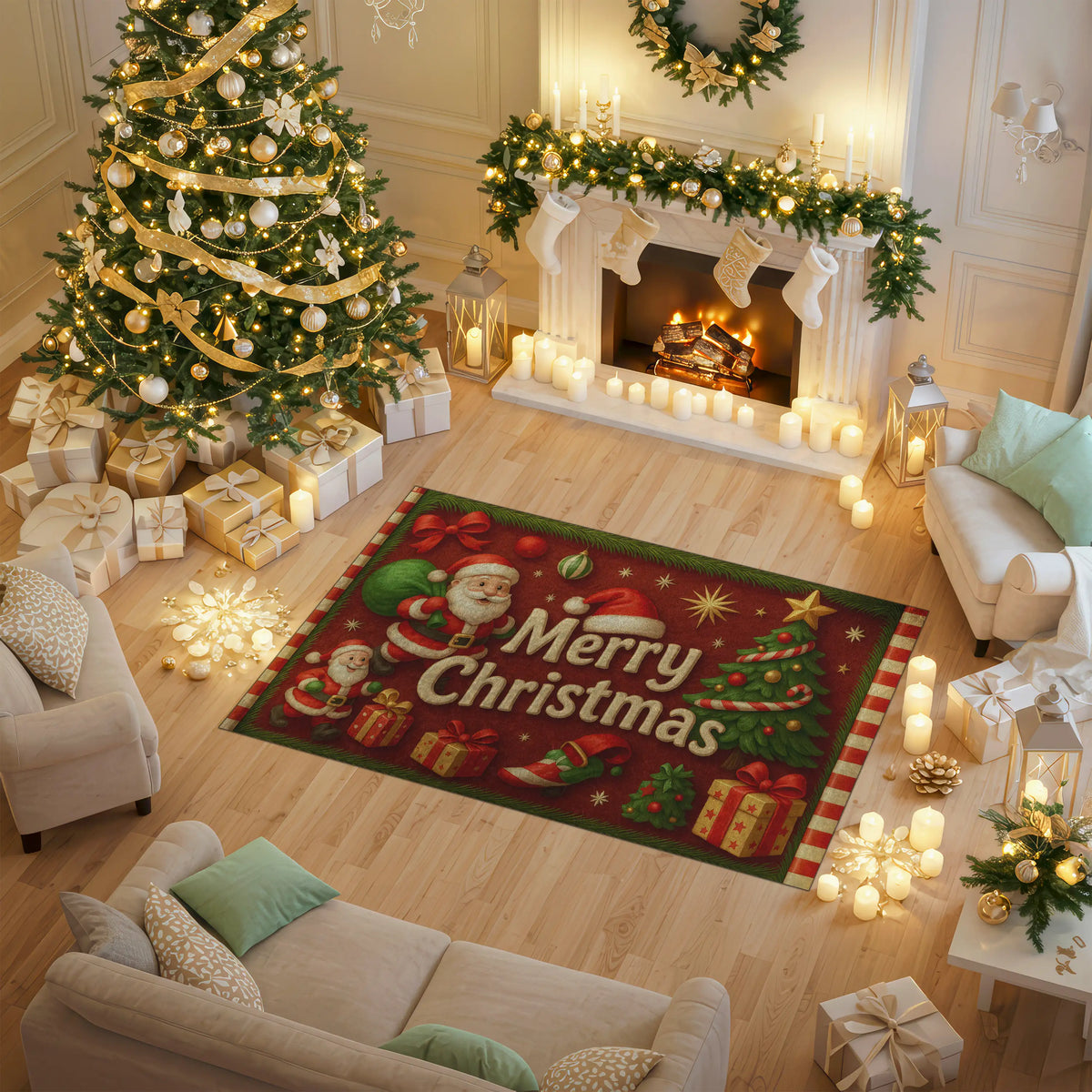 Decorated living room with Christmas tree, fireplace, and 'Merry Christmas' rug.