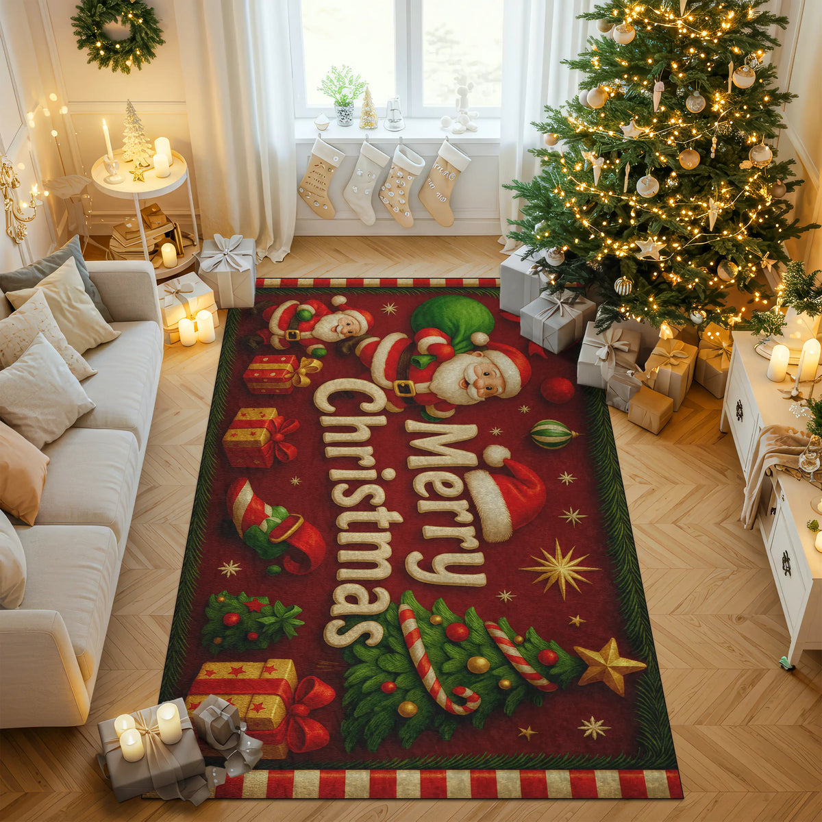 Decorative Christmas rug with Santa Claus design in a living room setting.