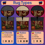 Illustration of different rug types with Christmas-themed designs and text labels.
